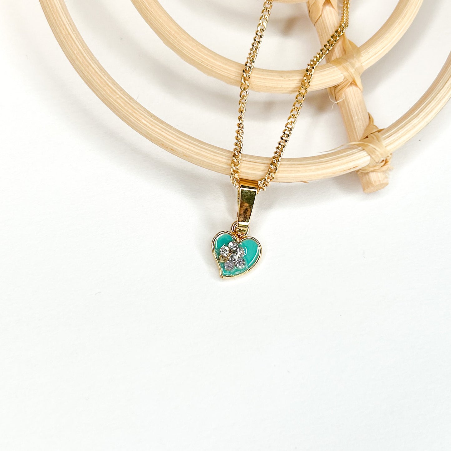 CZ Flower Enamel Heart Pendant - 18K Gold Filled