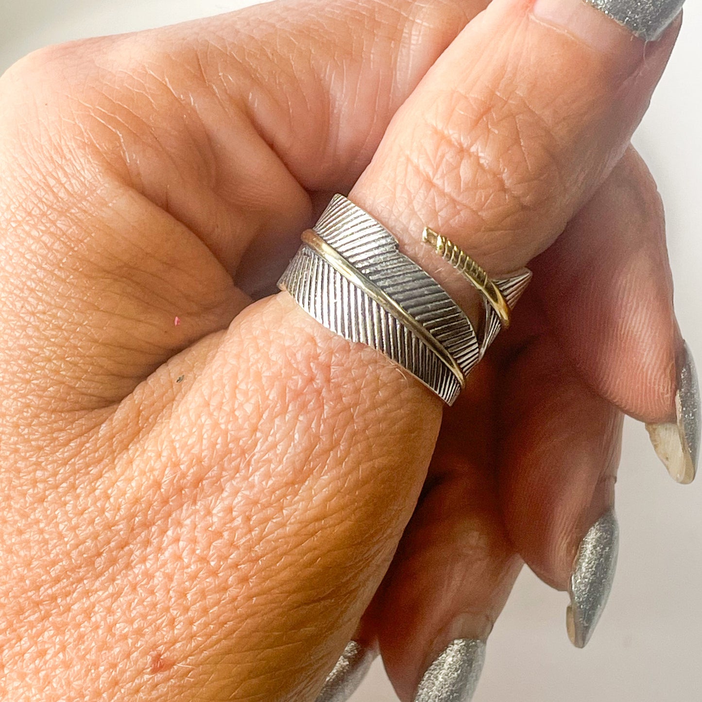 Wrap Leaf & Gold Trim Ring - Solid Sterling Silver