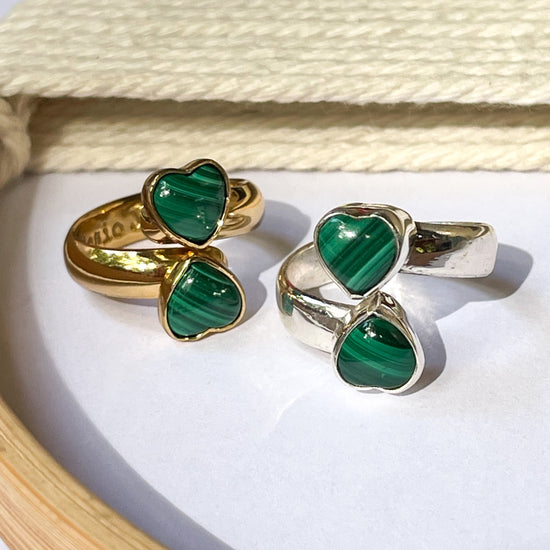 Malachite Heart Bypass Ring - Both Metals