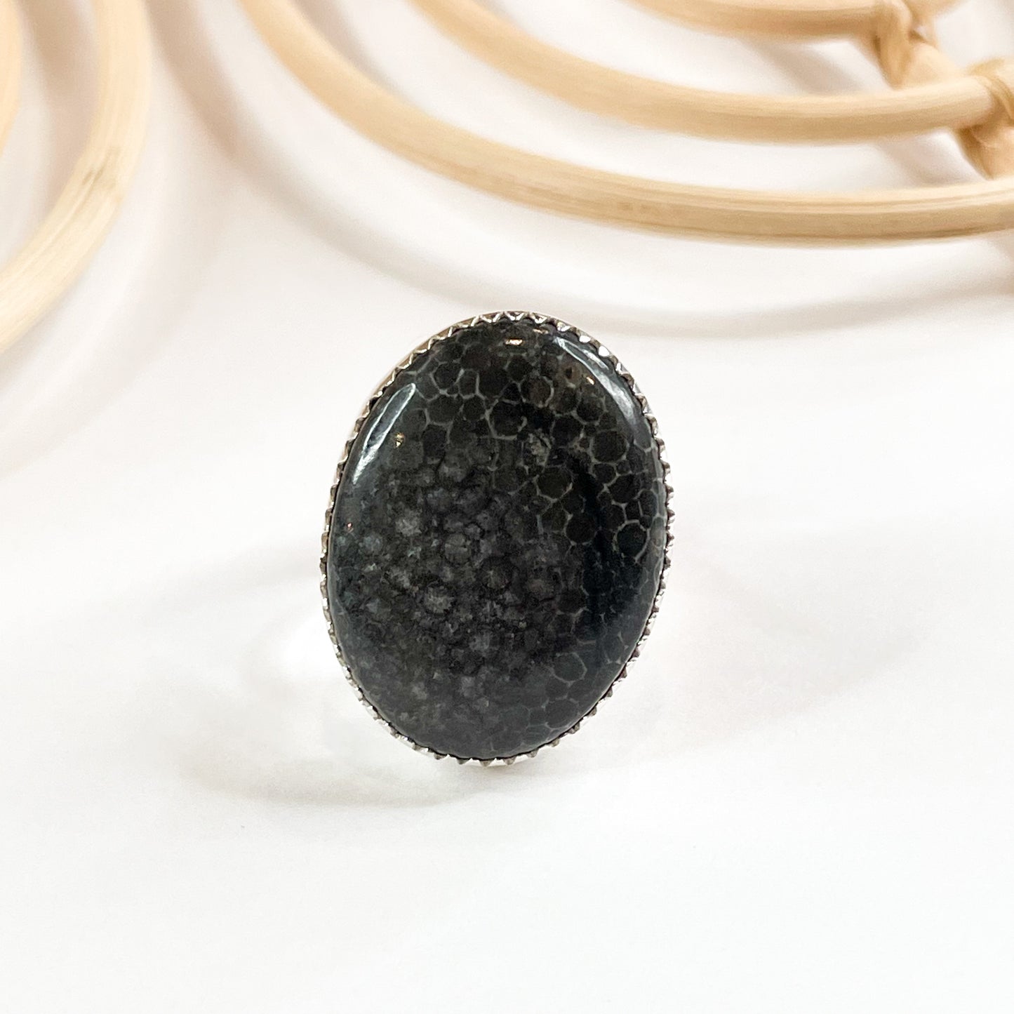 Black Fossil Adjustable Ring - Solid Sterling Silver