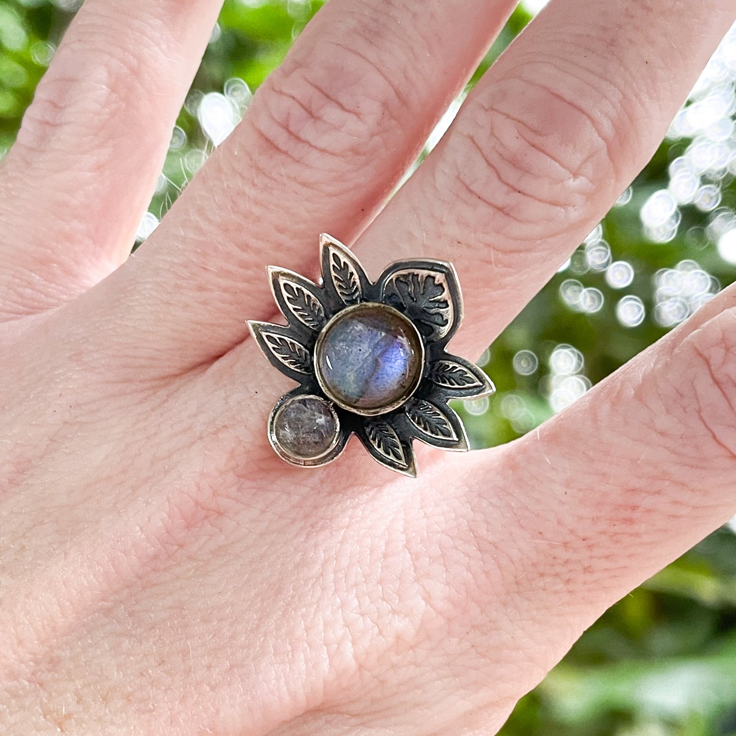 Labradorite Lotus Flower Ring - Solid Sterling Silver
