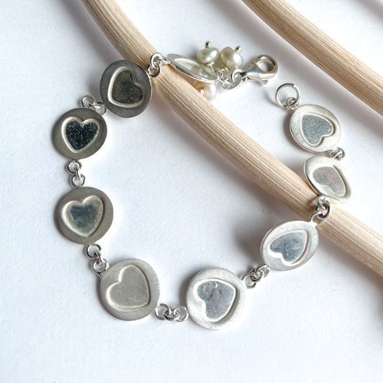 Heart Disk Bracelet and Pearls Charm - Solid Sterling Silver
