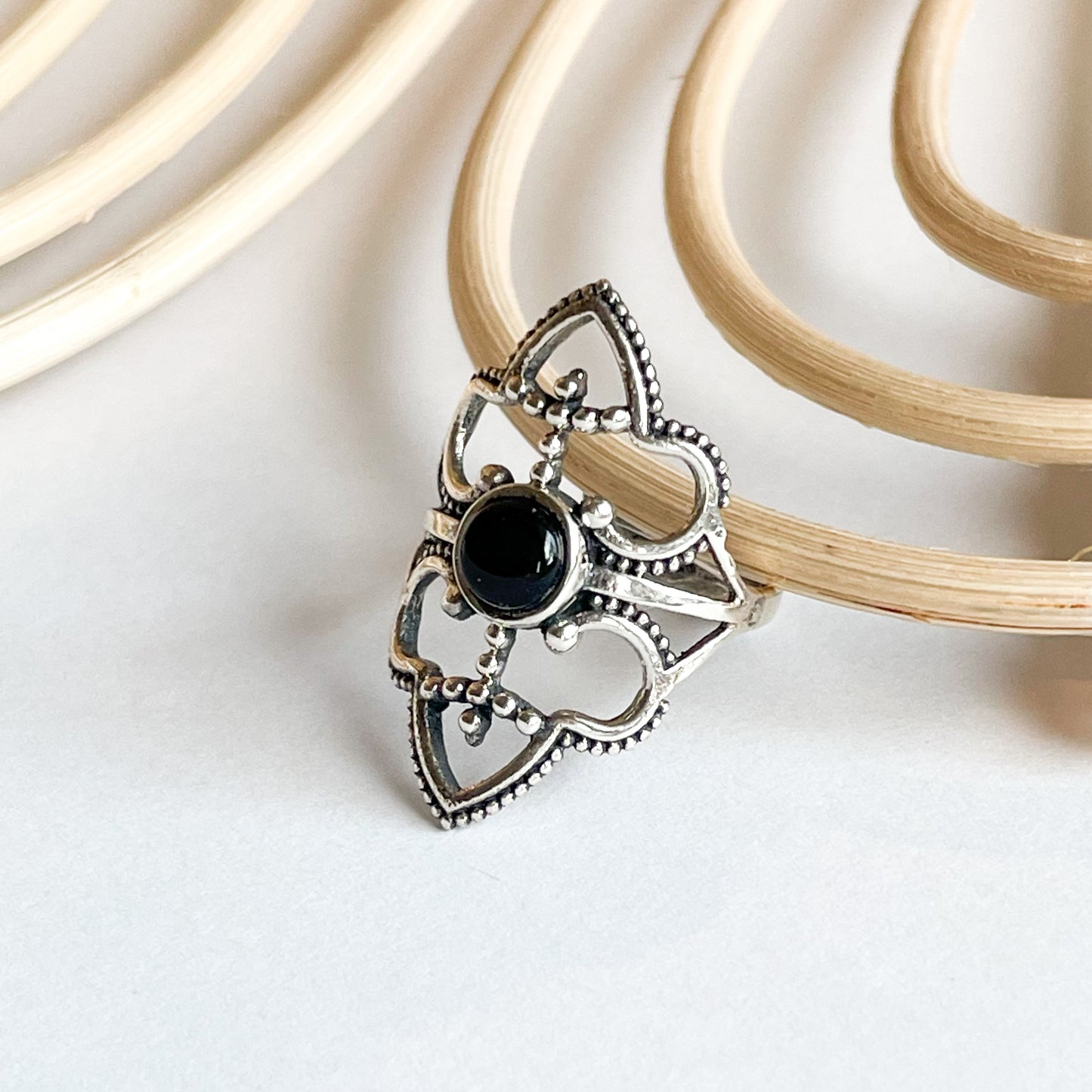 Black Onyx Filigree Ring - Solid Sterling Silver
