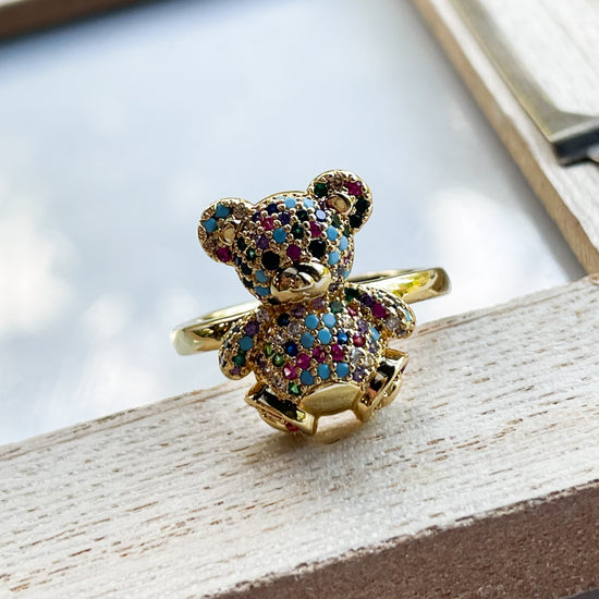 Colorful CZ Teddy Bear Adj Ring - 18k Gold Filled