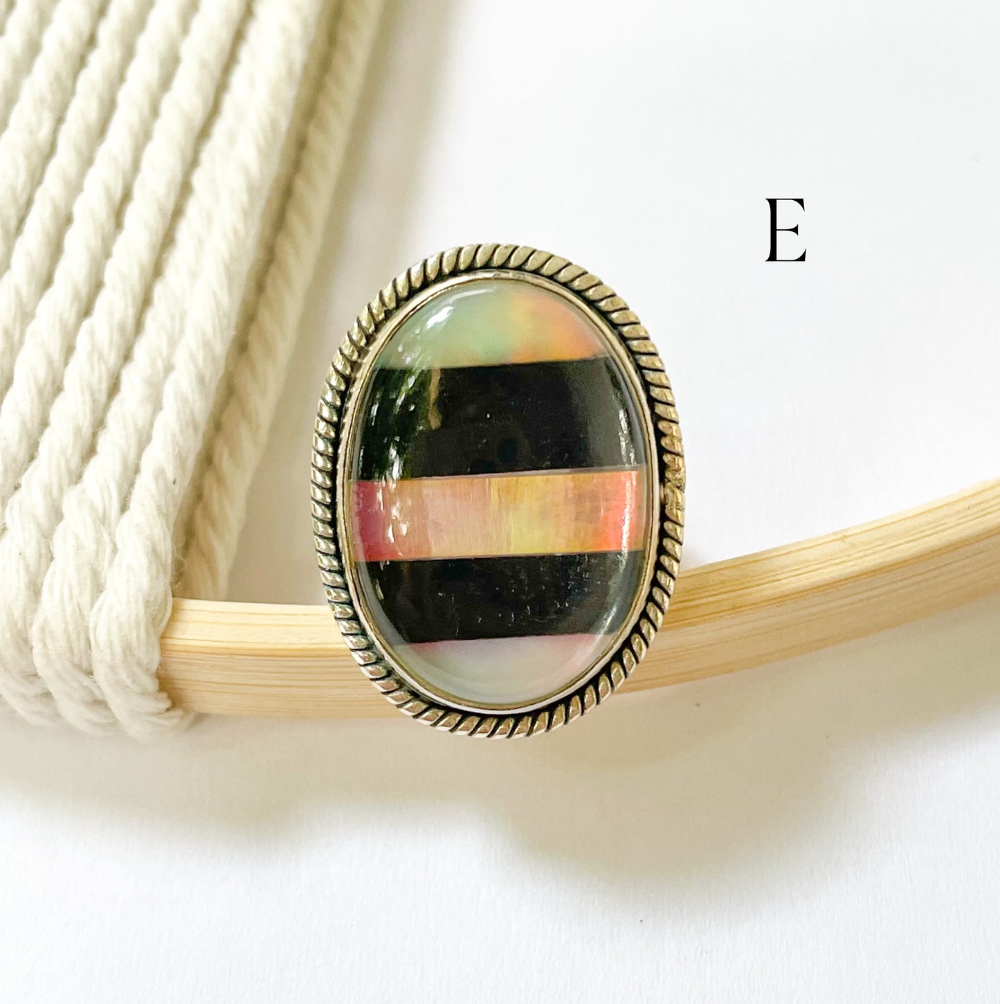 Galaxy Opal & Black Onyx Lined Ring - Solid Sterling Silver
