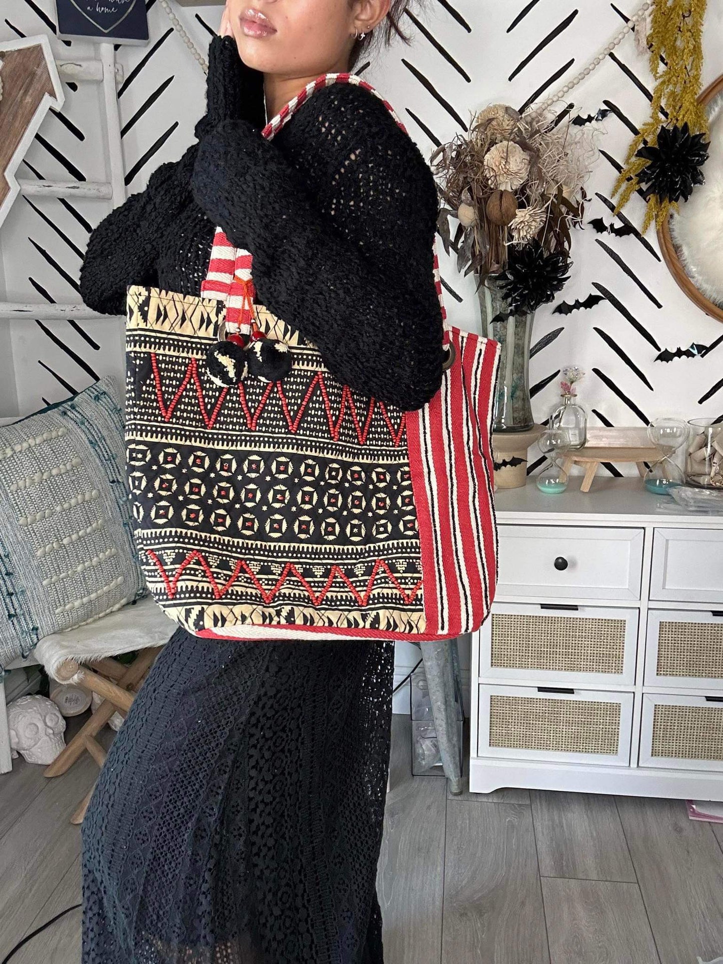 Load image into Gallery viewer, Boho Red and Black Tote - LoveStitch
