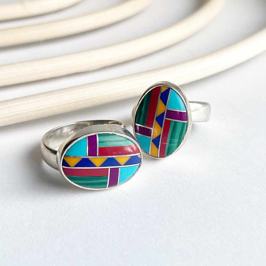 Mosaic Inlay Oval Ring - Both Metals