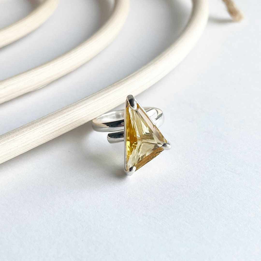 Yellow Glass Prong Ring - Solid Sterling Silver