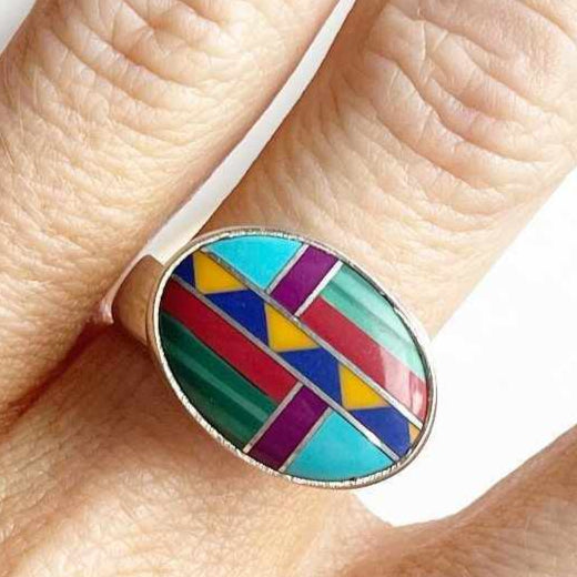 Mosaic Inlay Oval Ring - Both Metals