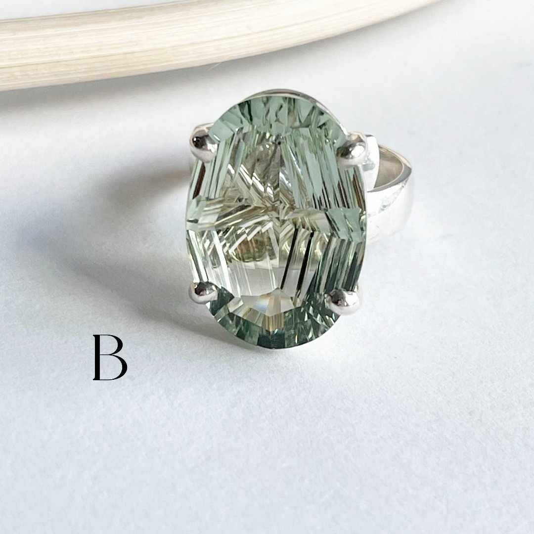 Green Amethyst Special Cut Ring - Solid Sterling SIlver