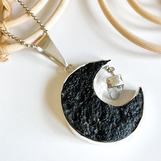 Large Moon & Herkimer Dangle Pendant - Solid Sterling Silver
