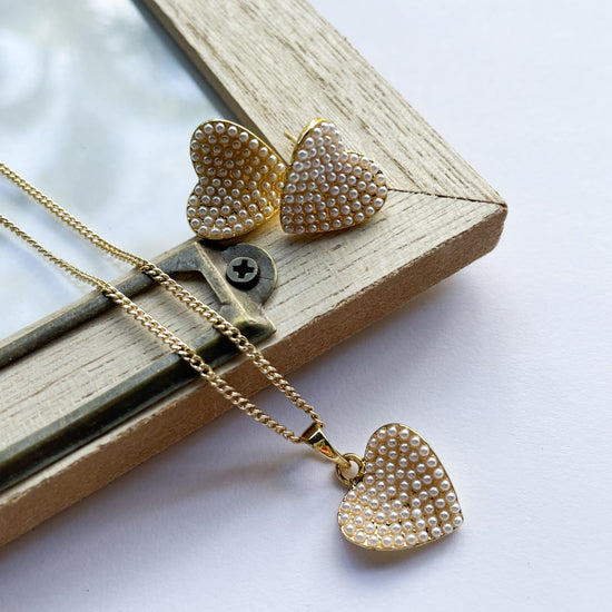 Mini Pearl Heart Earring & Necklace Set - 18k Gold Filled