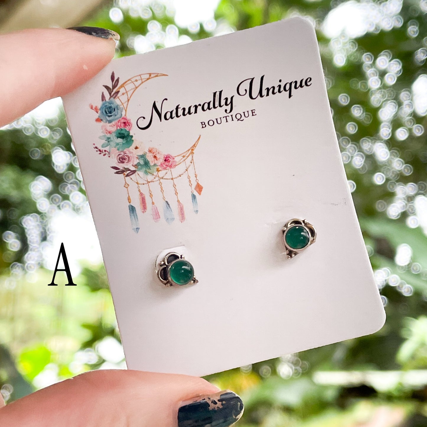 Natural Green Onyx Studs - Solid Sterling Silver