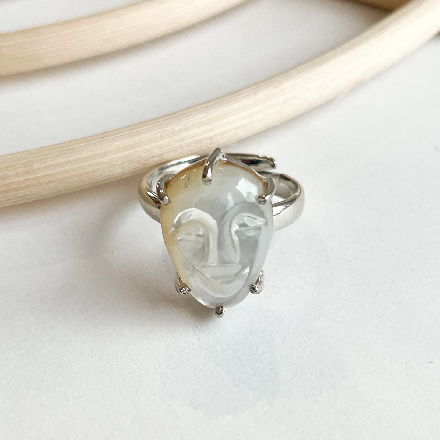 Mother Of Pearl Face Moon Ring - Solid Sterling Silver