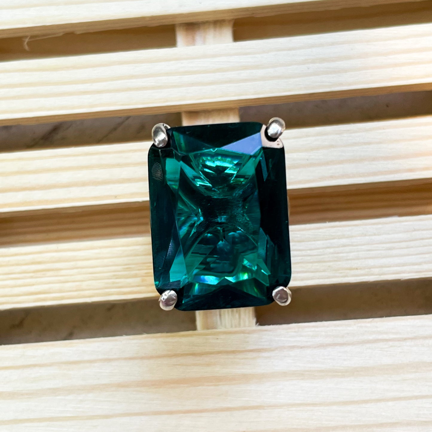 Teal Green Nano Glass Prong Ring - Solid Sterling Silver