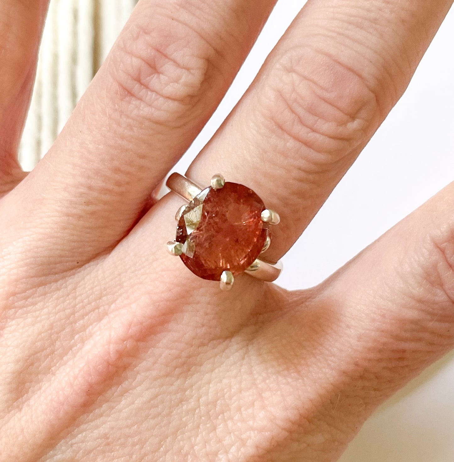 Red Tourmaline Prong Ring - Solid Sterling Silver