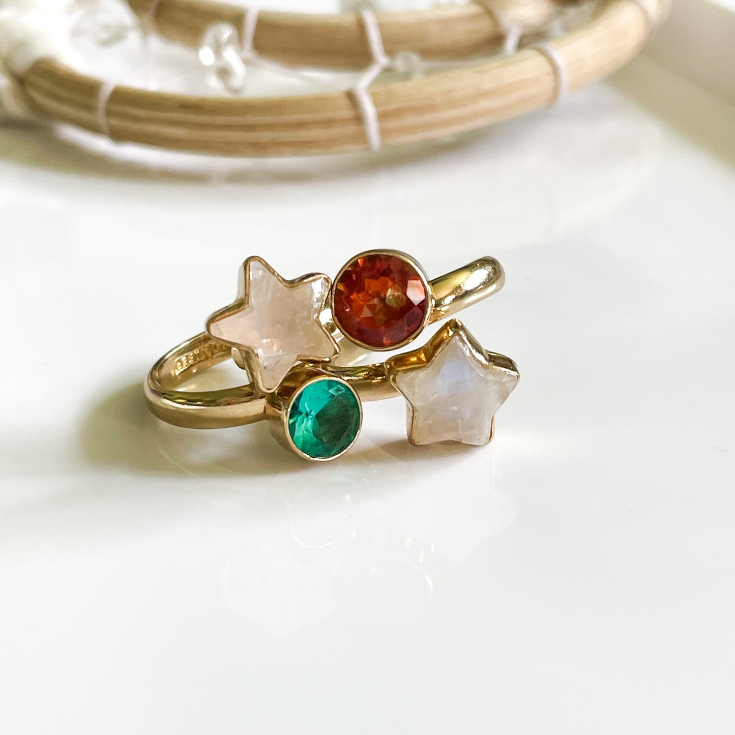 Rainbow Moonstone Star & Gem Bypass Ring - Alchemia Gold