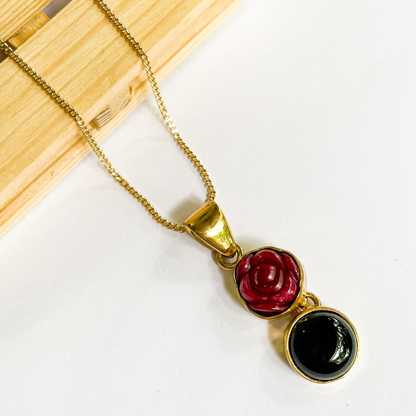 Ruby Quartz Rose and Black Onyx Pendant - Alchemia