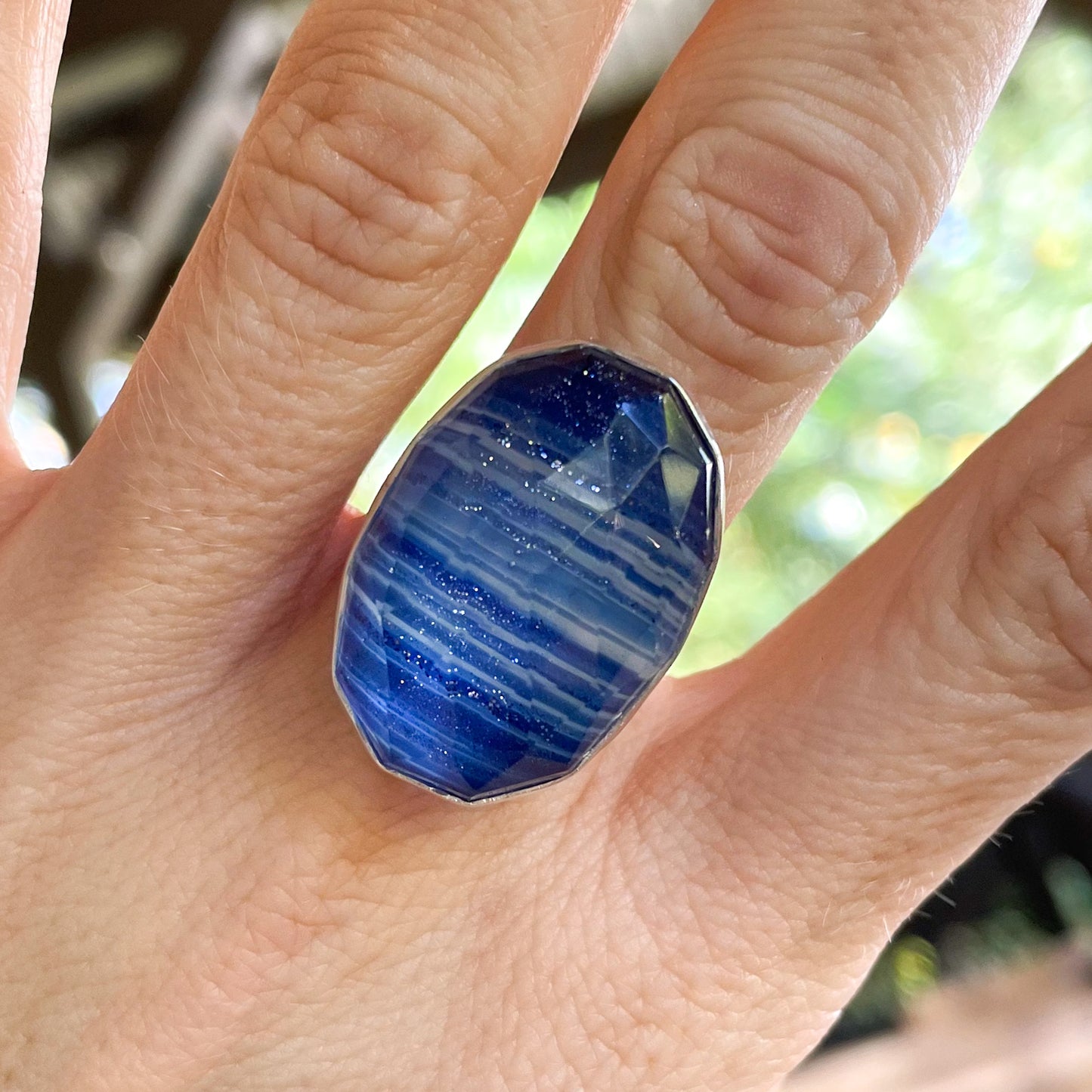 Blue Shimmer Doublet Ring - Solid Sterling Silver