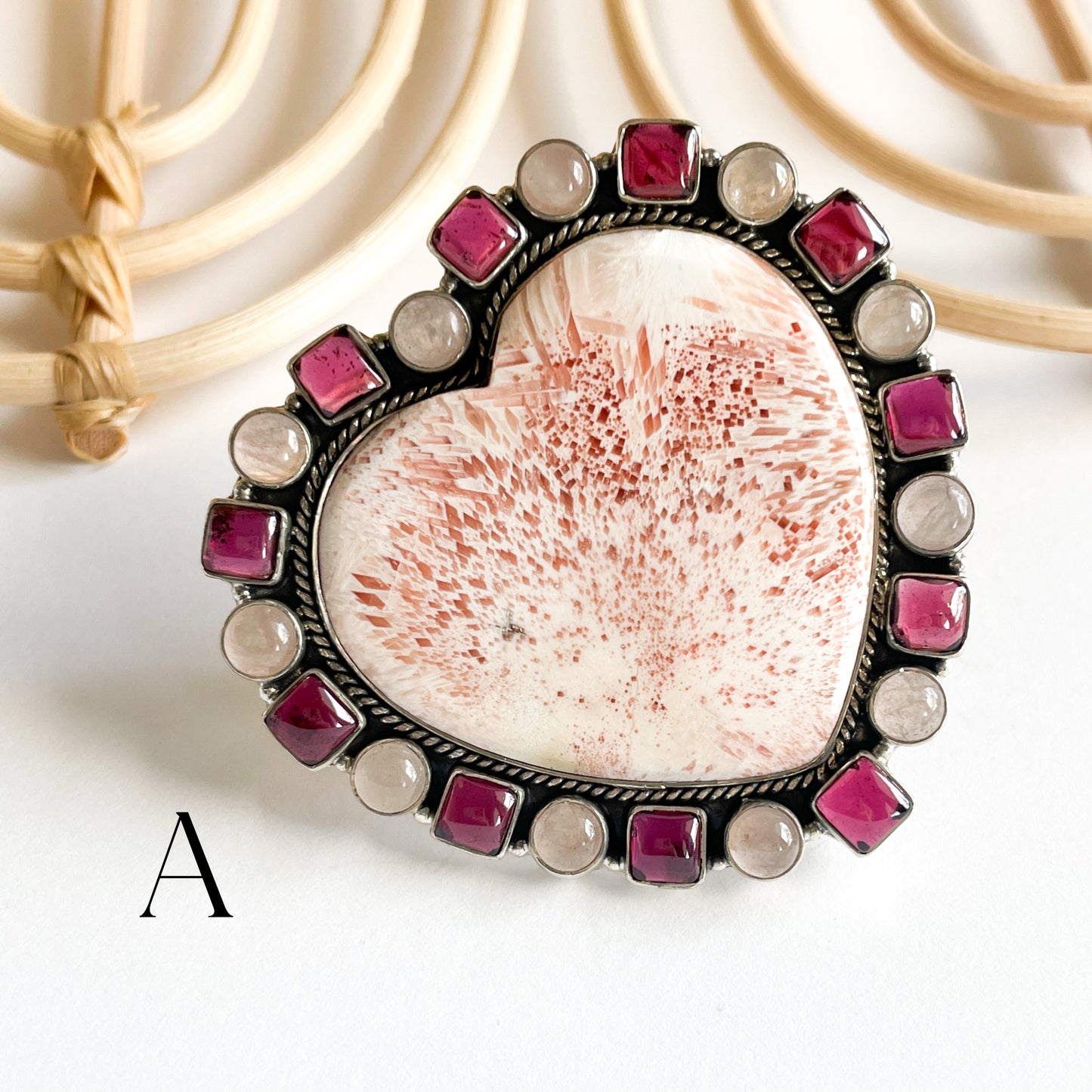 Scolecite Multi Stone Heart Statement Ring - Solid Sterling Silver