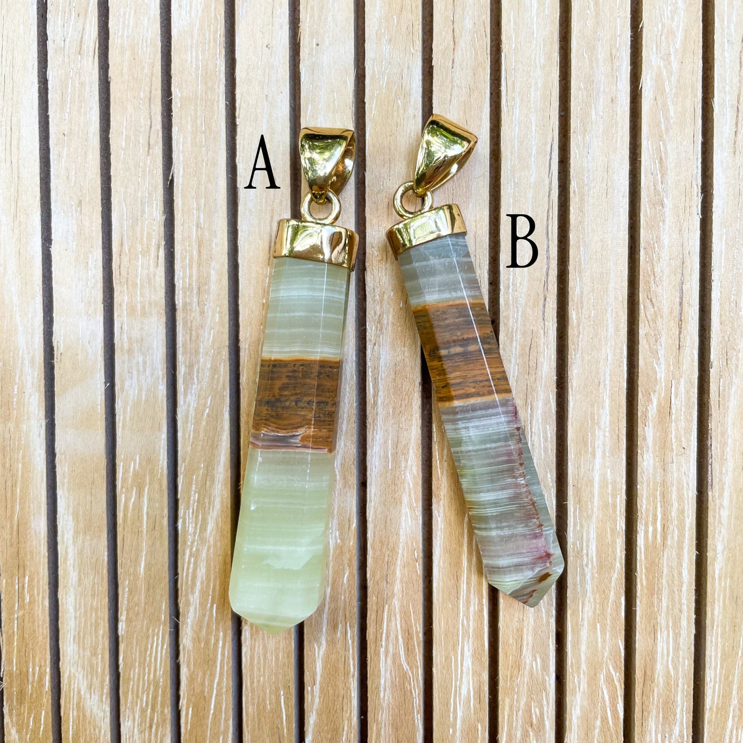 Green Calcite & Brown Banded Aragonite Point Pendant -  Alchemia