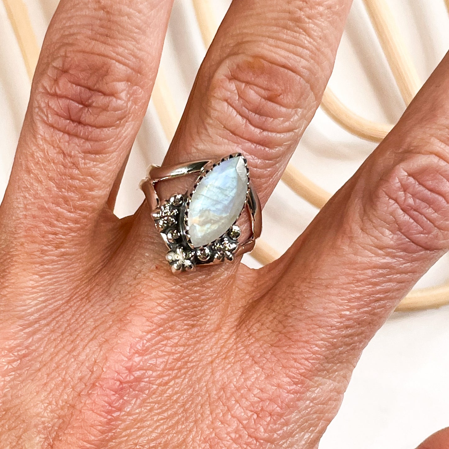 Moonstone & Stars Adj Ring - Solid Sterling Silver