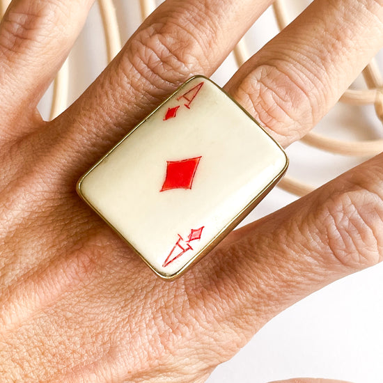 Ace Of Diamond Bone Card Ring - Alchemia