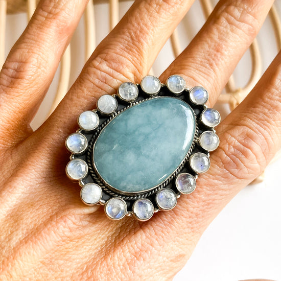 Aquamarine & Rainbow Moonstone Statement Ring - Solid Sterling Silver