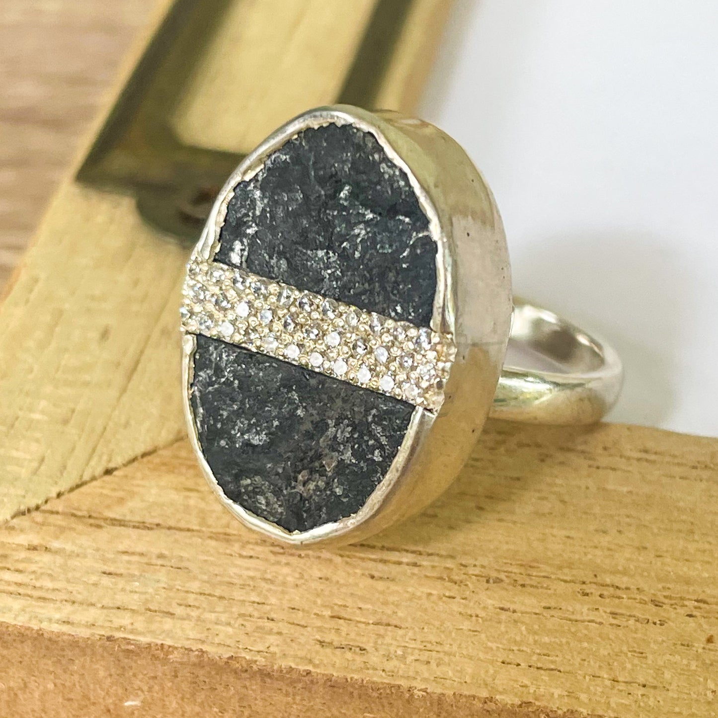 Black Raw Onyx CZ Belt Ring - Solid Sterling Silver