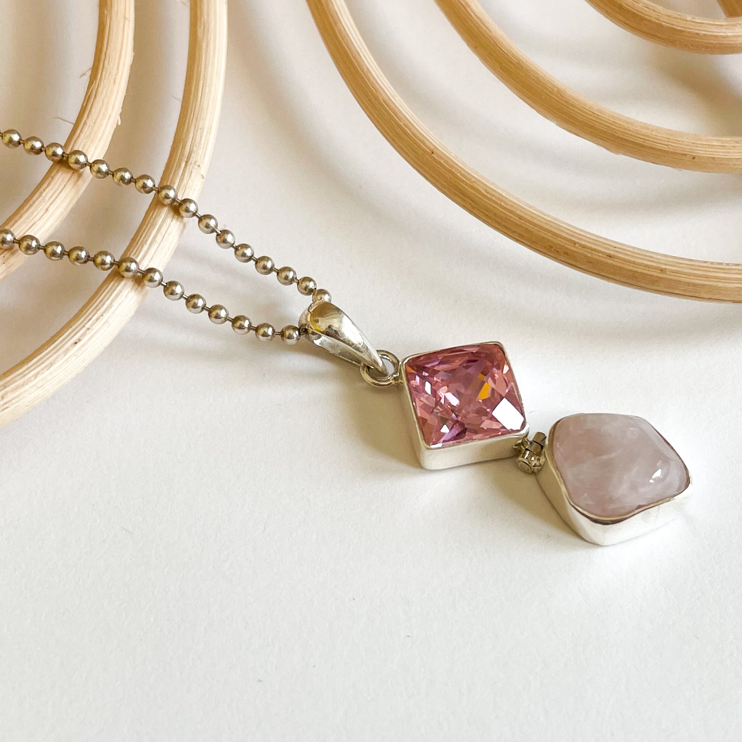 Rose Quartz & Pink Sapphire Pendant - Solid Sterling Silver