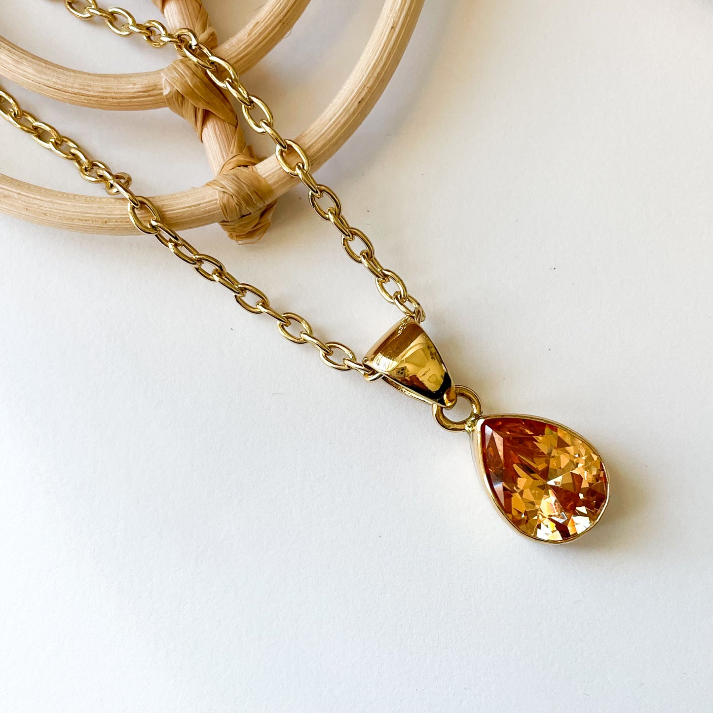 Champagne Teardrop CZ Pendant - Both Metals