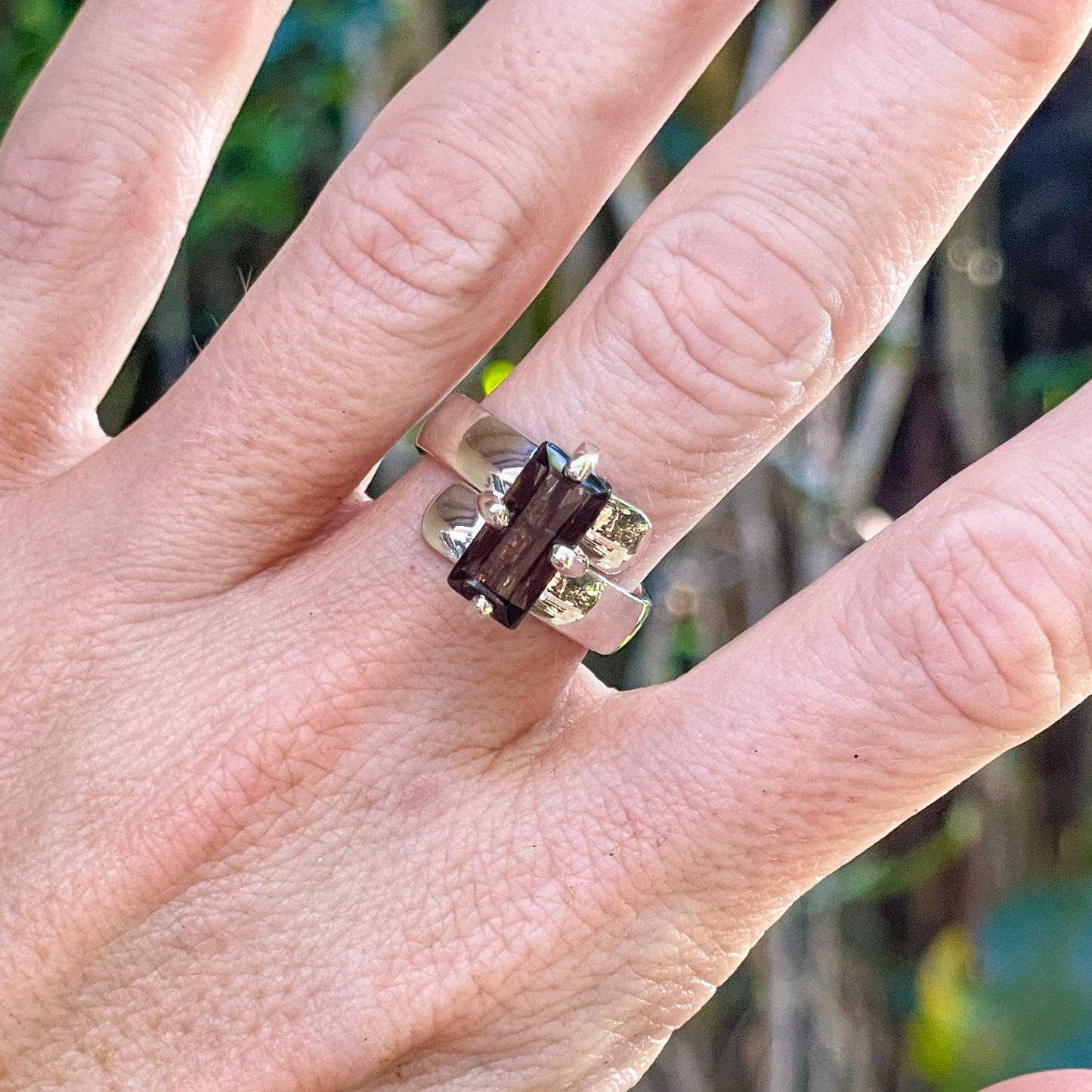 Smokey Quartz Rectangle Prong Ring - Solid Sterling Silver