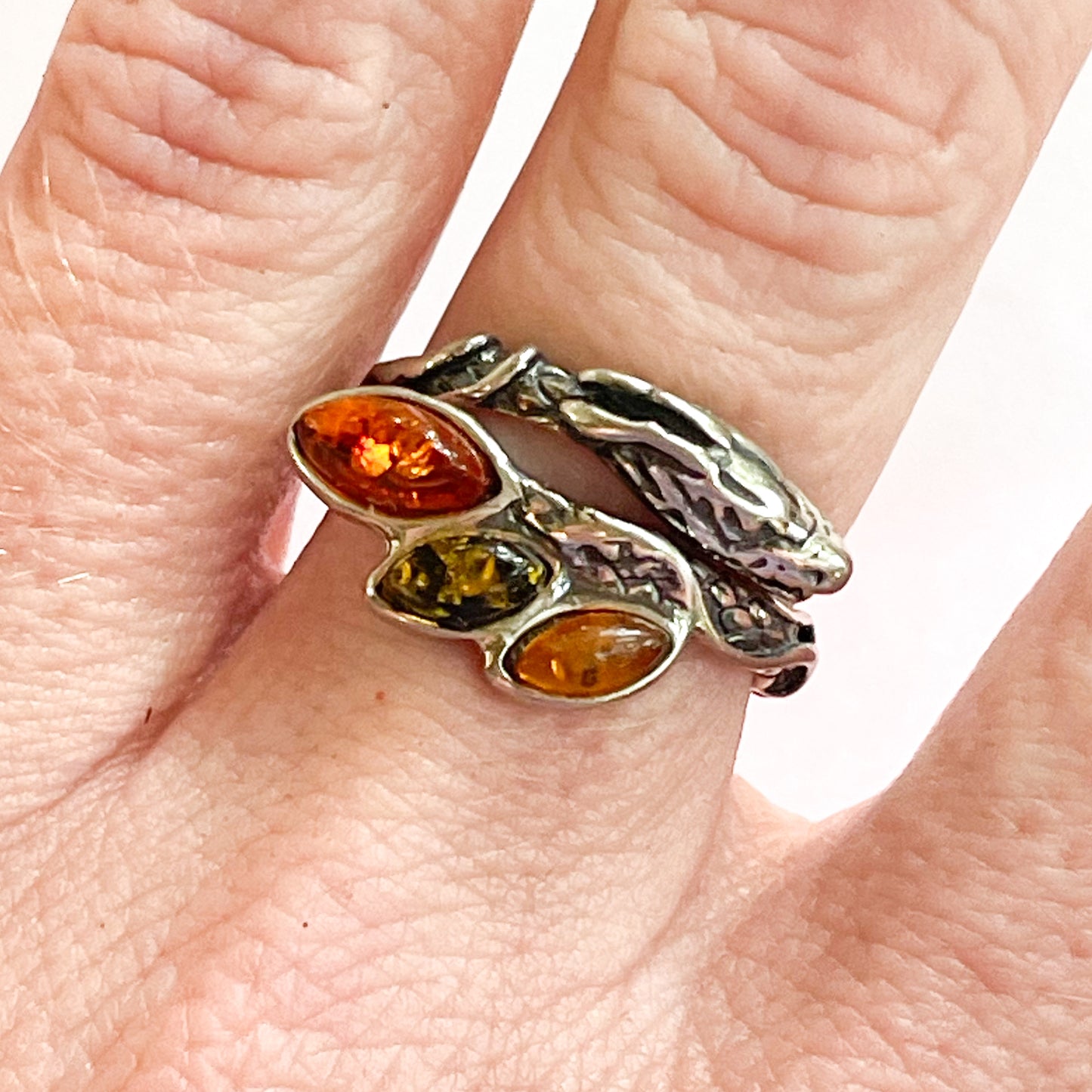 Dragon Amber Bypass Ring - Solid Sterling Silver