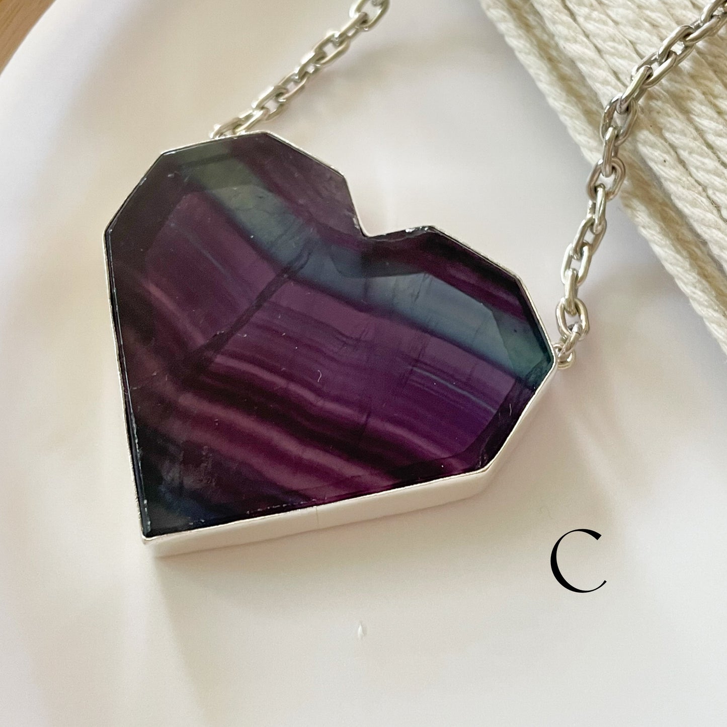 Fluorite Heart Statement Necklace - Solid Sterling Silver