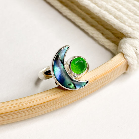 Abalone Moon & Gemstone Bypass Pendant & Ring- Solid Sterling Silver