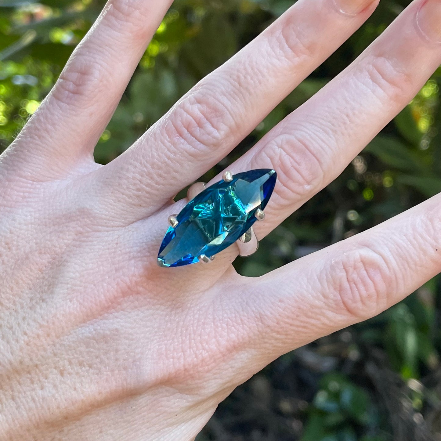 Deep Blue Marquee Glass Prong Ring - Solid Sterling Silver
