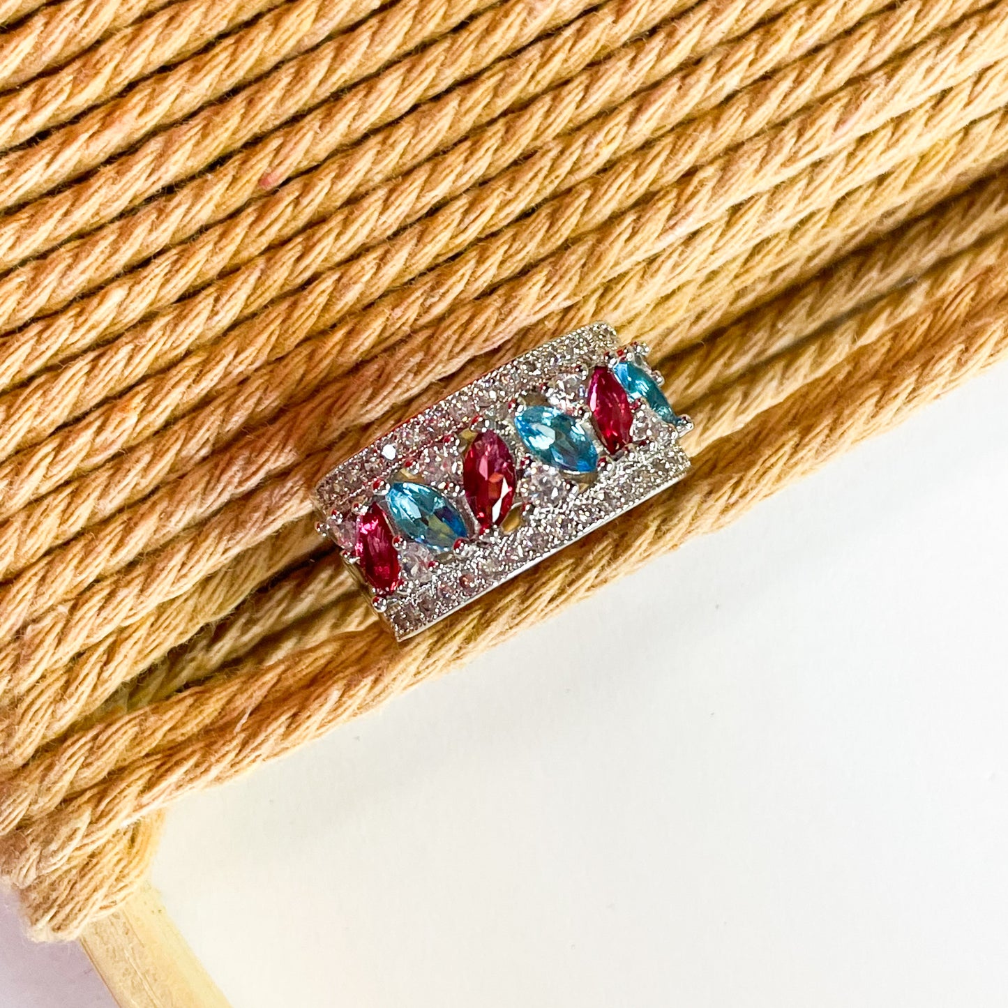 Baby Pink & Blue CZ Sized Ring - Rhodium