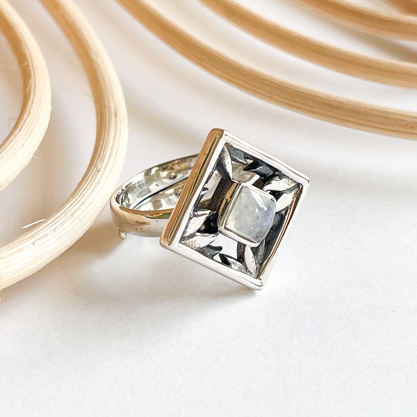 Rainbow Moonstone On-Point Ring - Solid Sterling Silver