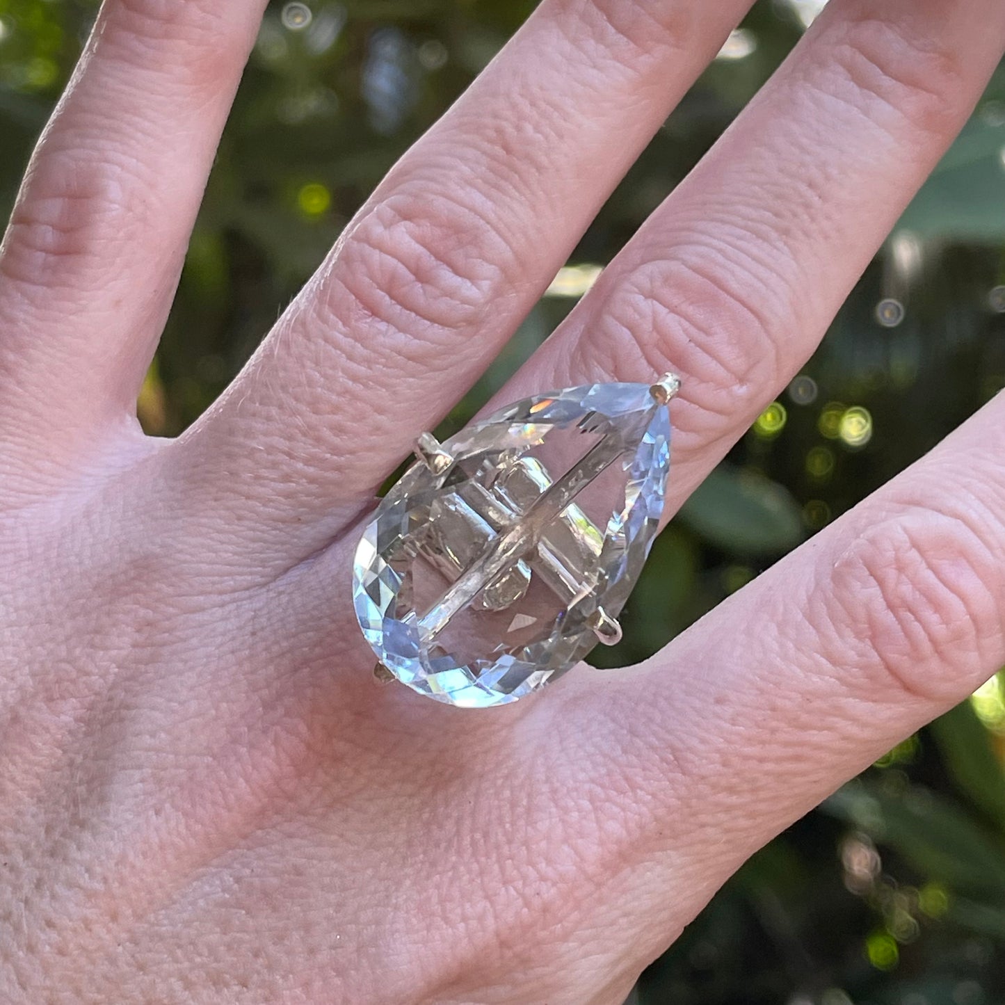 Faceted Aquamarine Blue Glass Prong Ring -  Solid Sterling Silver