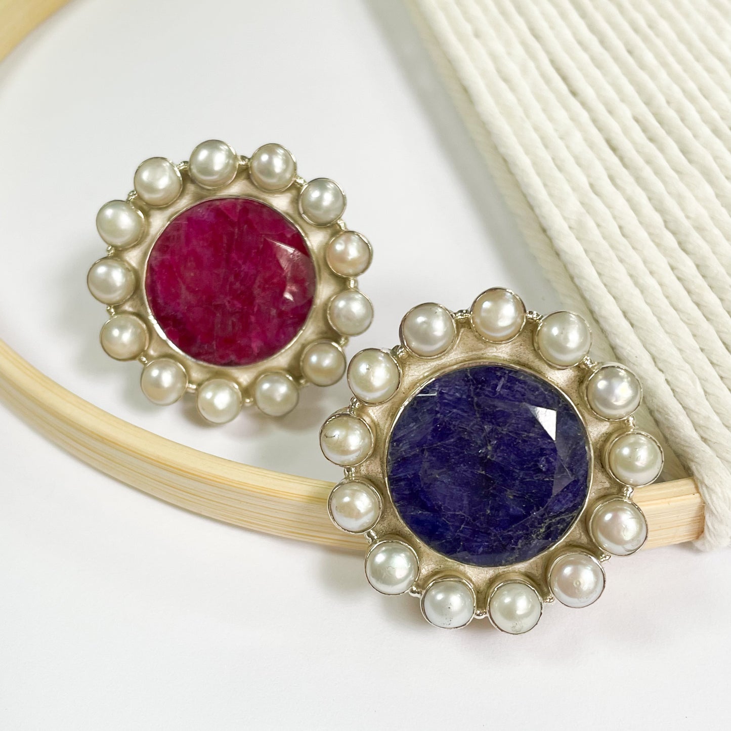 Sapphire Quartz & Pearl Adjustable Ring - Solid Sterling Silver