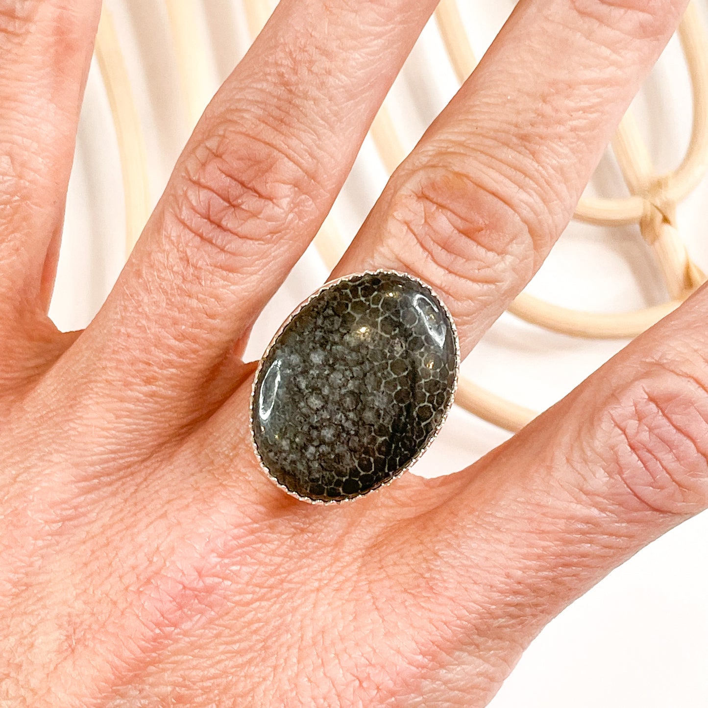 Black Fossil Adjustable Ring - Solid Sterling Silver
