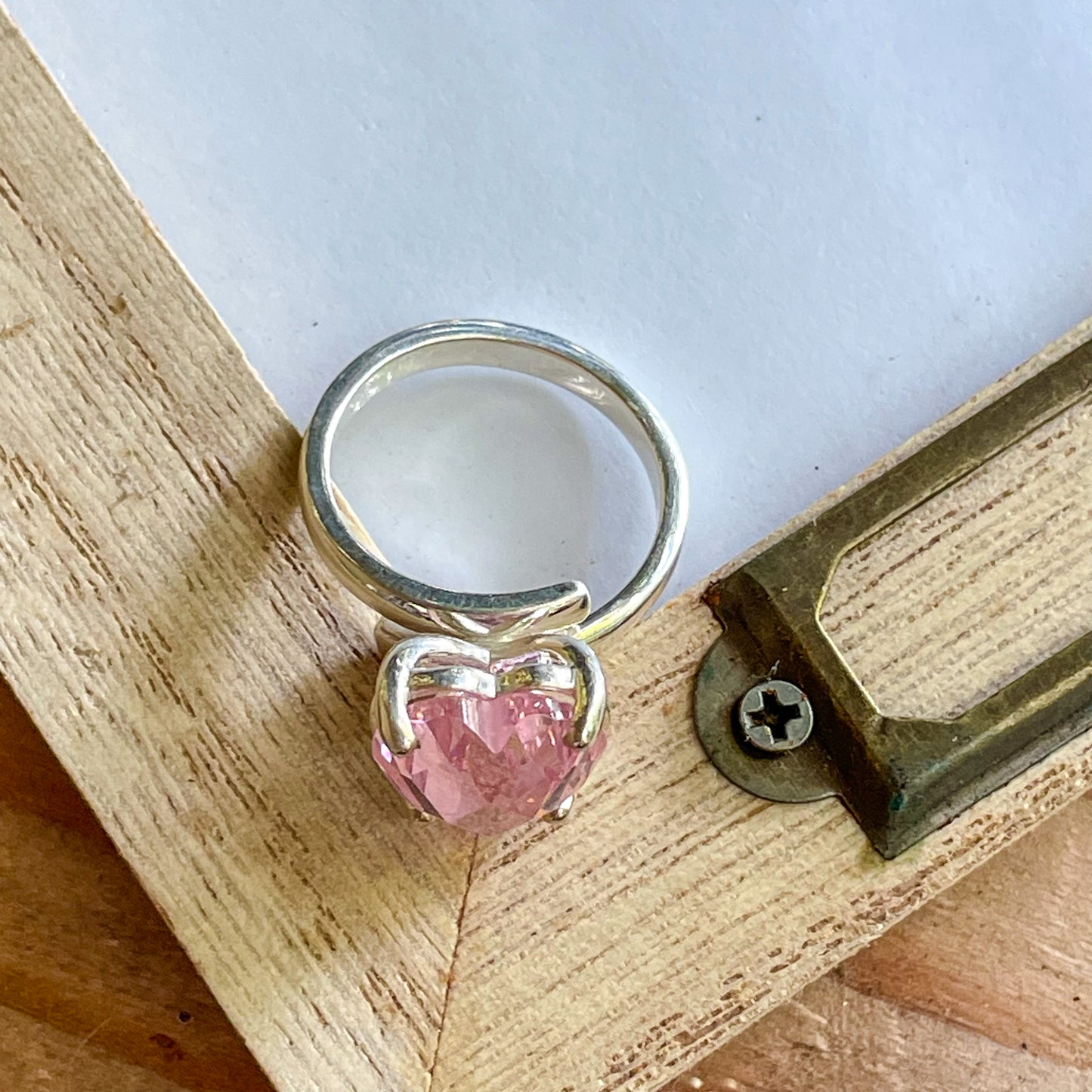 Soft Pink Heart CZ Prong Ring - Solid Sterling Silver