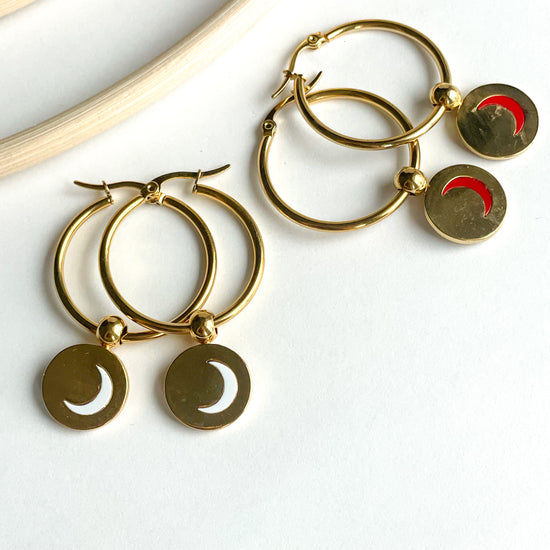 Load image into Gallery viewer, Hoops with Moon Dangles - Brass
