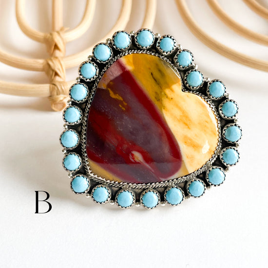 Mookaite Heart Statement Ring - Solid Sterling Silver w Mookaite or Turquoise Trim