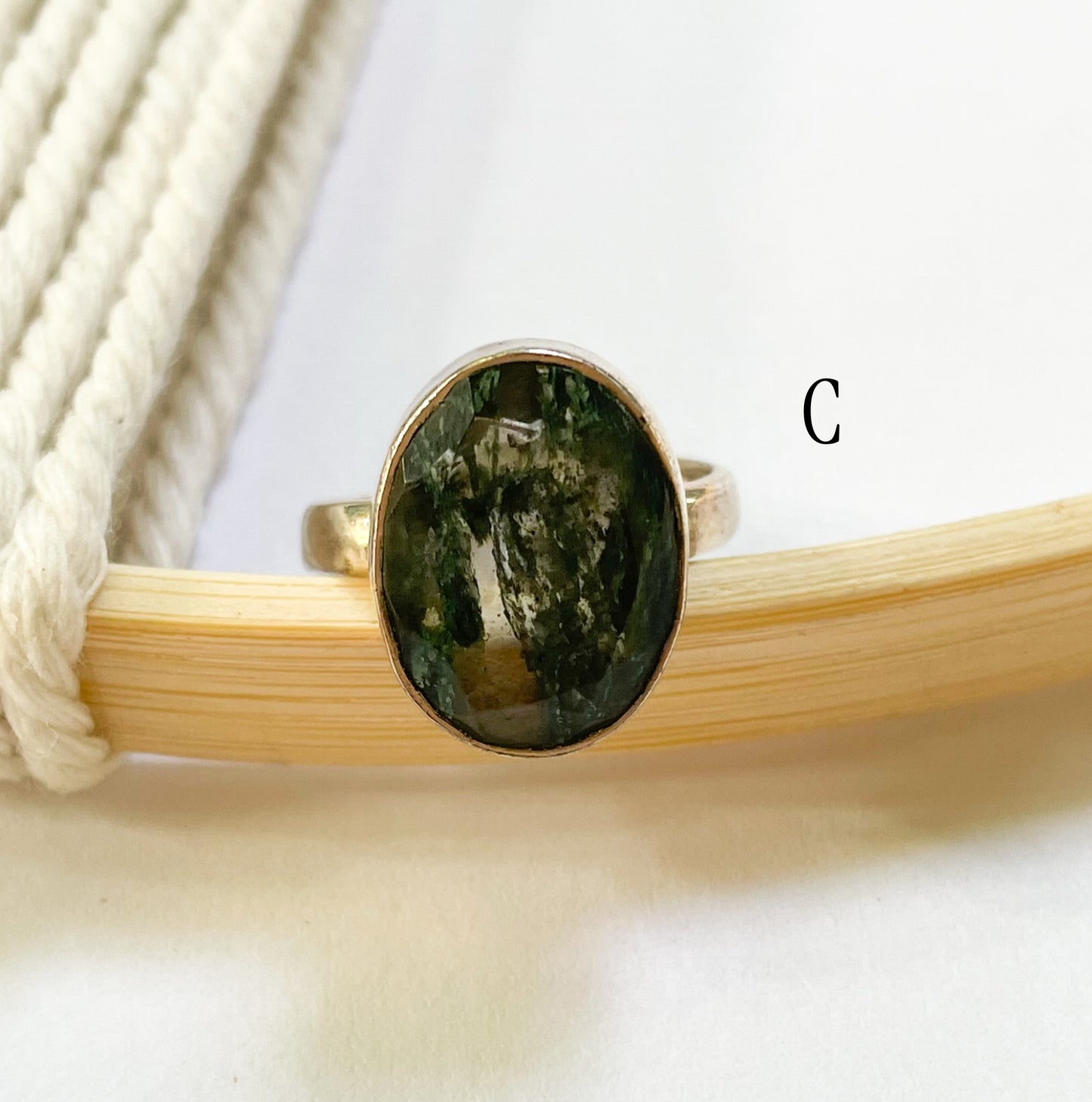 Faceted Dainty Moss Agate Ring - Solid Sterling Silver