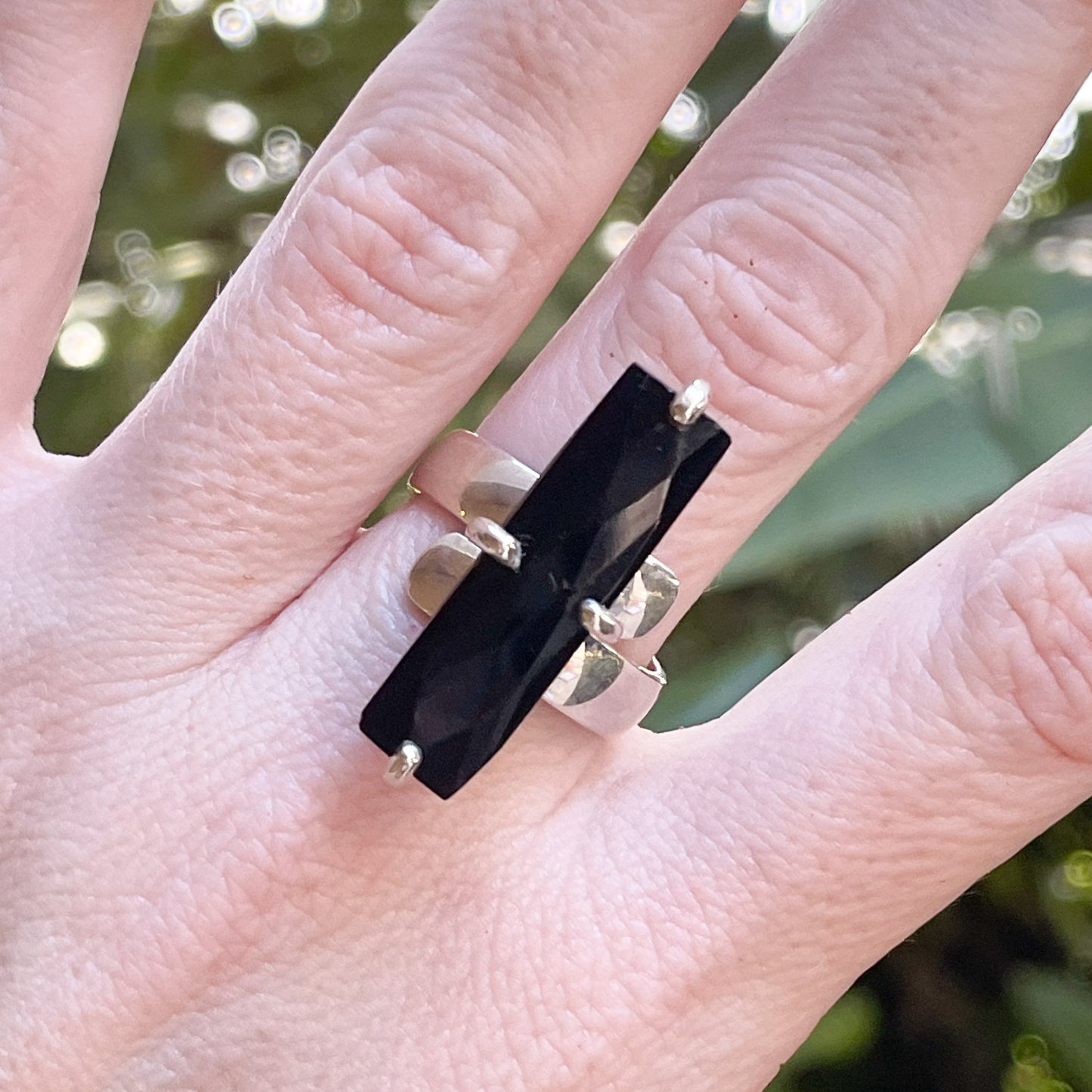 Black Obsidian Prong Ring - Solid Sterling Silver