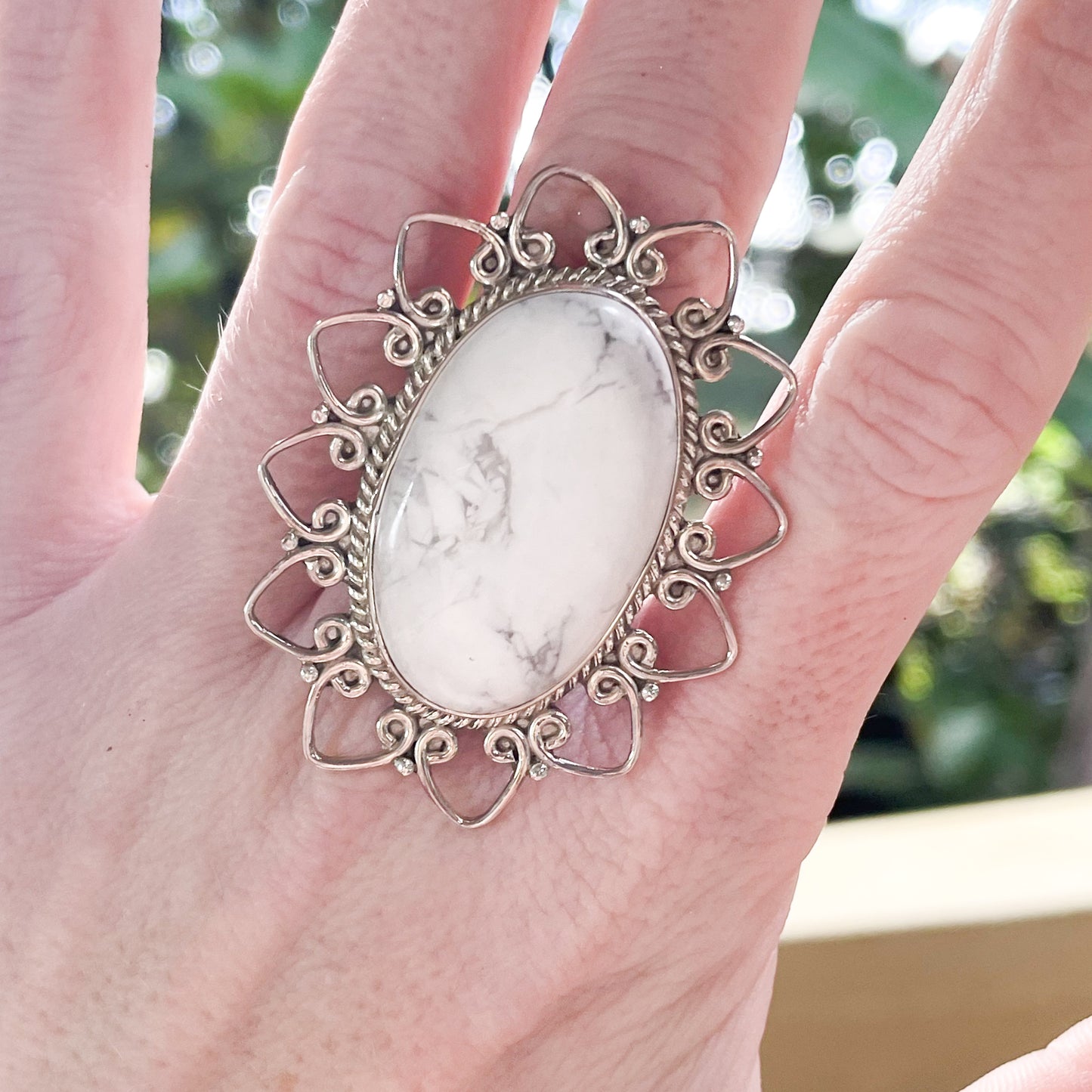 Howlite Flower Statement Ring - Solid Sterling Silver