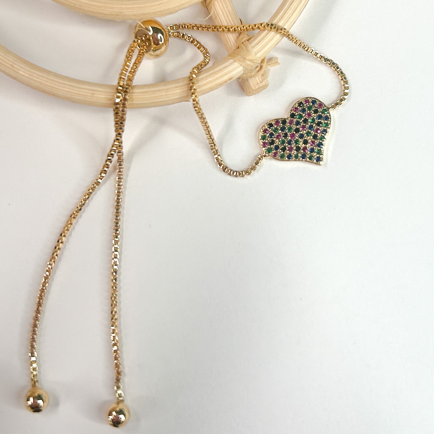 Colorful CZ Heart Bolo Bracelet - 18K Gold Filled