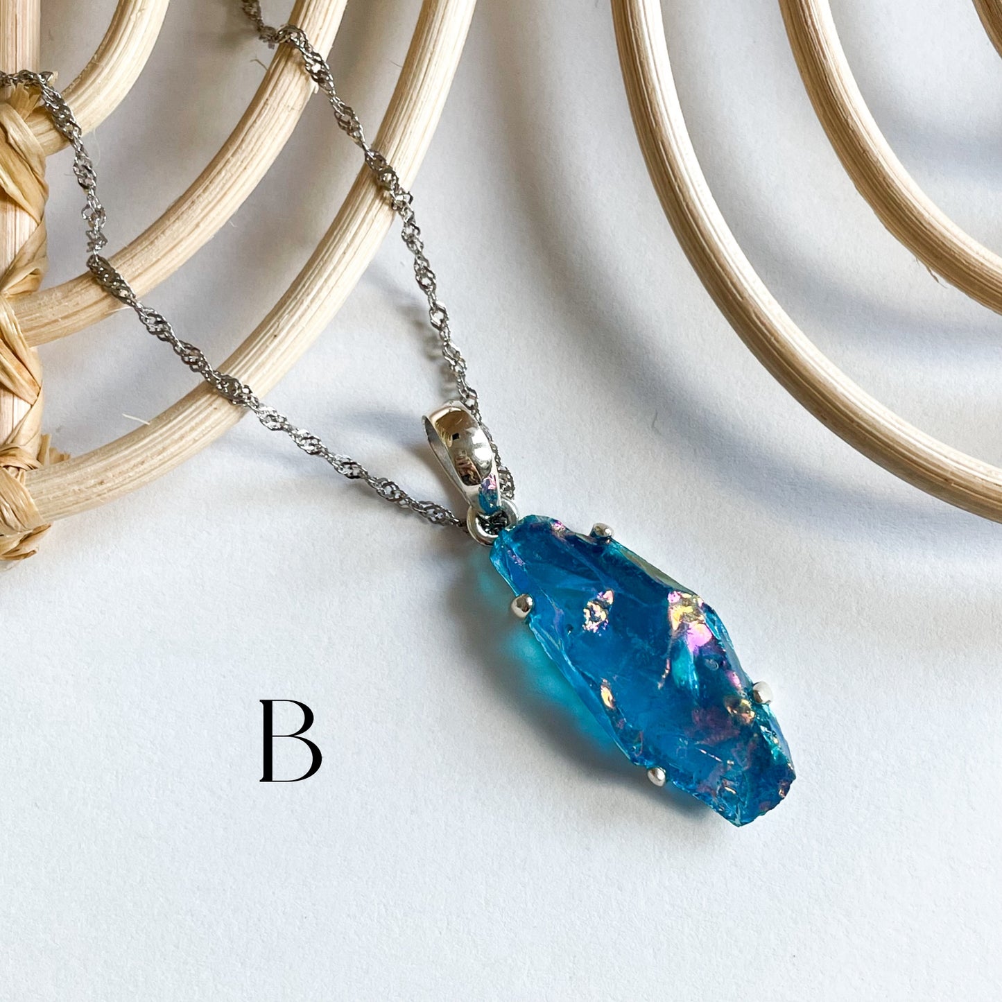 Aqua Aura Quartz Pendant - Solid Sterling Silver