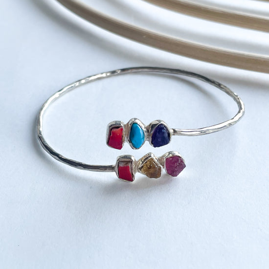 Raw Multi Stone Bypass Bangle - Solid Sterling Silver
